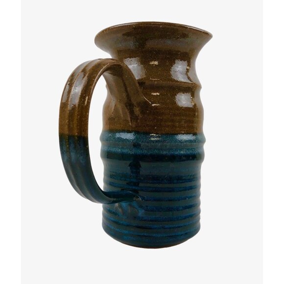 Art Studio Pottery Pitcher Blue Brown Color Block Handle Pour Spout Signed - Picture 7 of 10